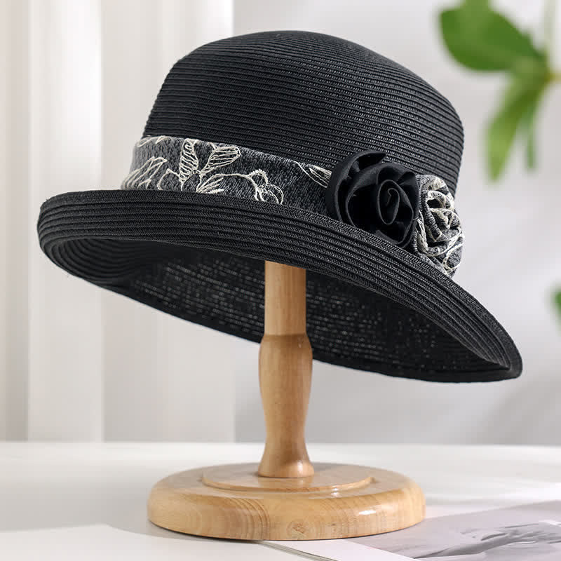 Women's Double Flowers Net Gauze Roll Brim Summer Straw Hat - Image 9