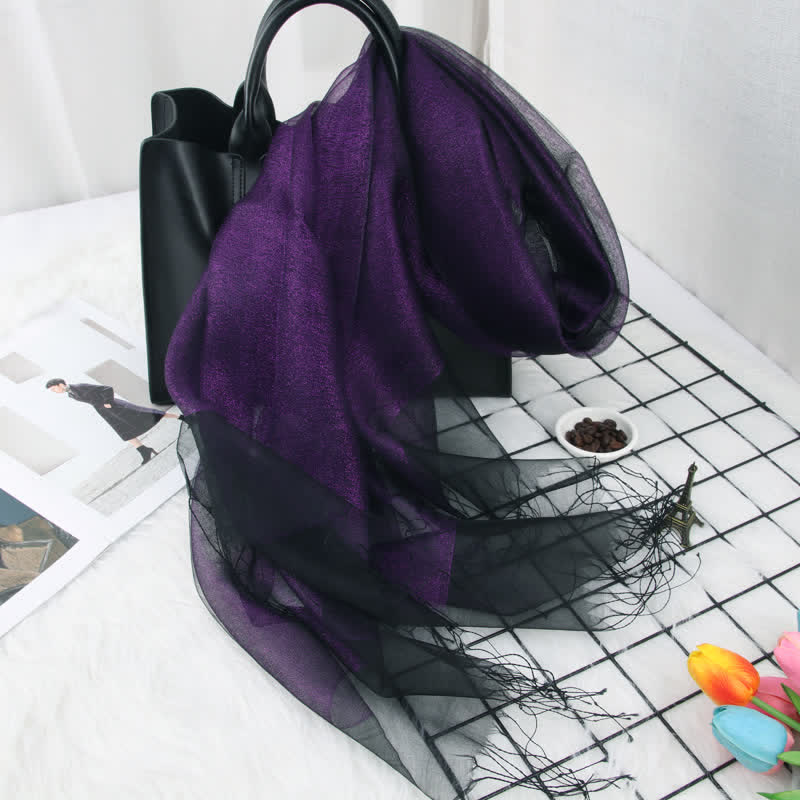 Women's Double Layers Shimmering Tassels Organza Silk Scarf - Image 9