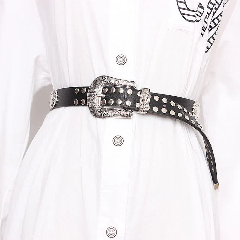 Women's Edgy Silver Rivets Carved Floral Leather Belt - Image 2