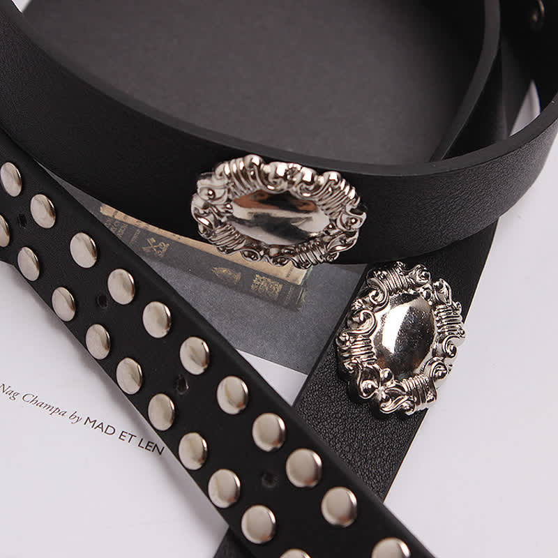 Women's Edgy Silver Rivets Carved Floral Leather Belt - Image 6