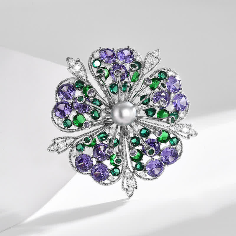 Women's Elagant Floral Colored Zircon Pearl Brooch - Image 2