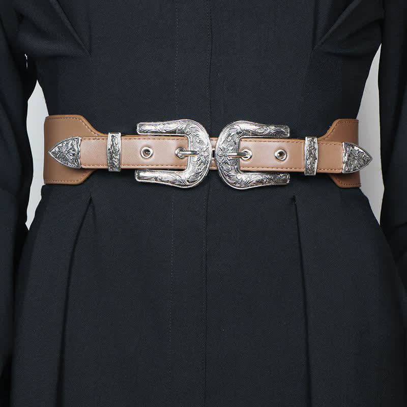 Women's Elastic Double Buckle Leather Belt for Jeans Pants and Dresses - Image 10