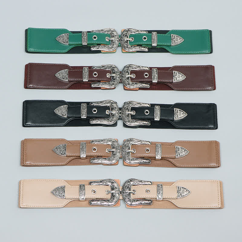 Women's Elastic Double Buckle Leather Belt for Jeans Pants and Dresses - Image 2