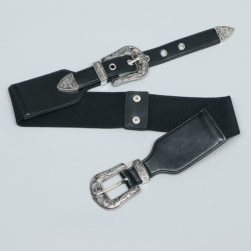 Women's Elastic Double Buckle Leather Belt for Jeans Pants and Dresses - Image 4