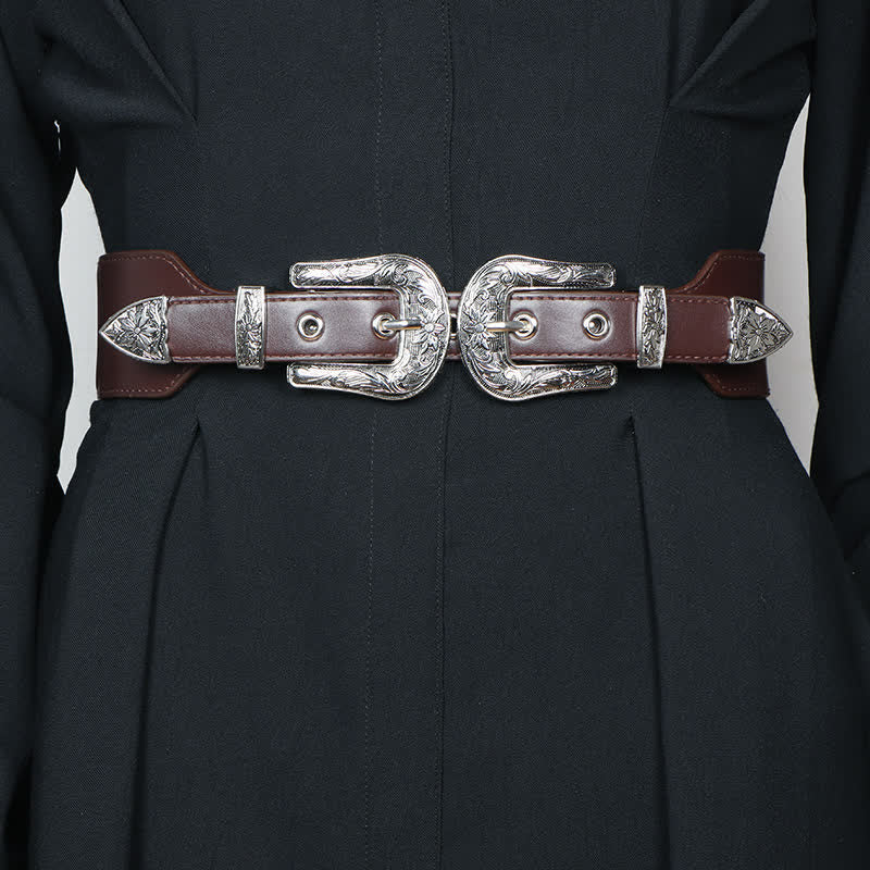 Women's Elastic Double Buckle Leather Belt for Jeans Pants and Dresses - Image 9