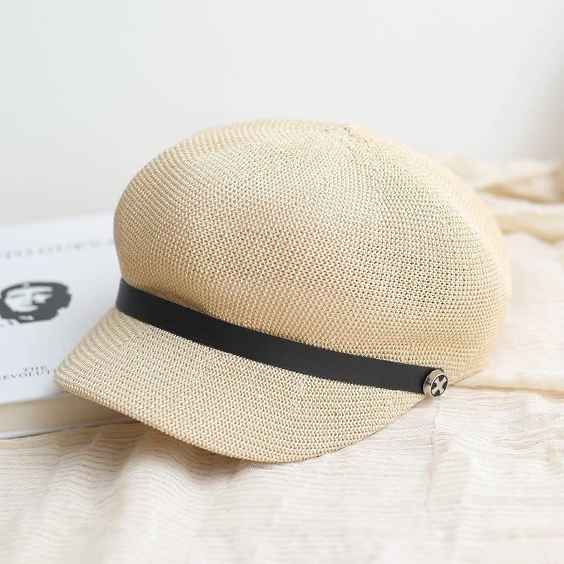 Women's Elegant Black Leather Band Octagonal Straw Beret Hat