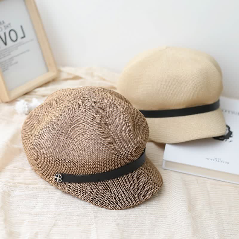 Women's Elegant Black Leather Band Octagonal Straw Beret Hat - Image 2
