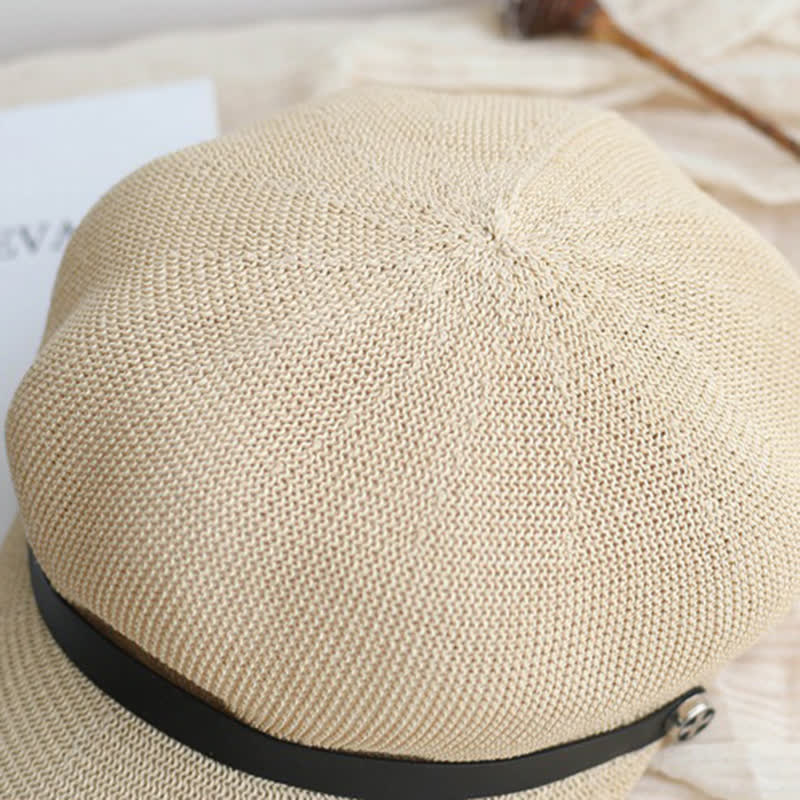 Women's Elegant Black Leather Band Octagonal Straw Beret Hat - Image 5