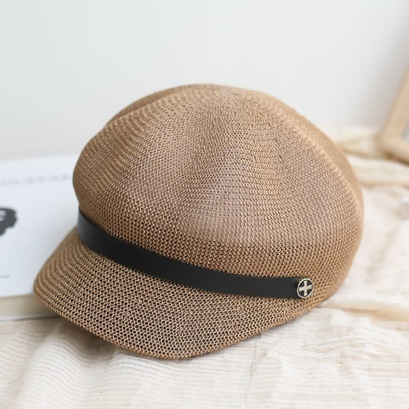Women's Elegant Black Leather Band Octagonal Straw Beret Hat - Image 8