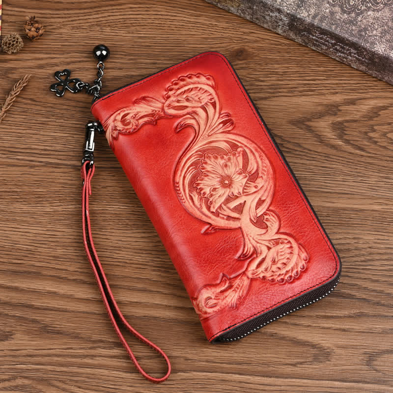 Women's Elegant Floral Long Leather Wallet with Wrist Strap - Image 8
