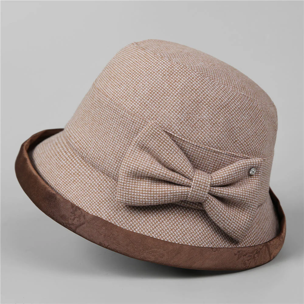 Women's Elegant Plaid Bowknot Rhinestone-trimmed Bucket Hat - Image 2