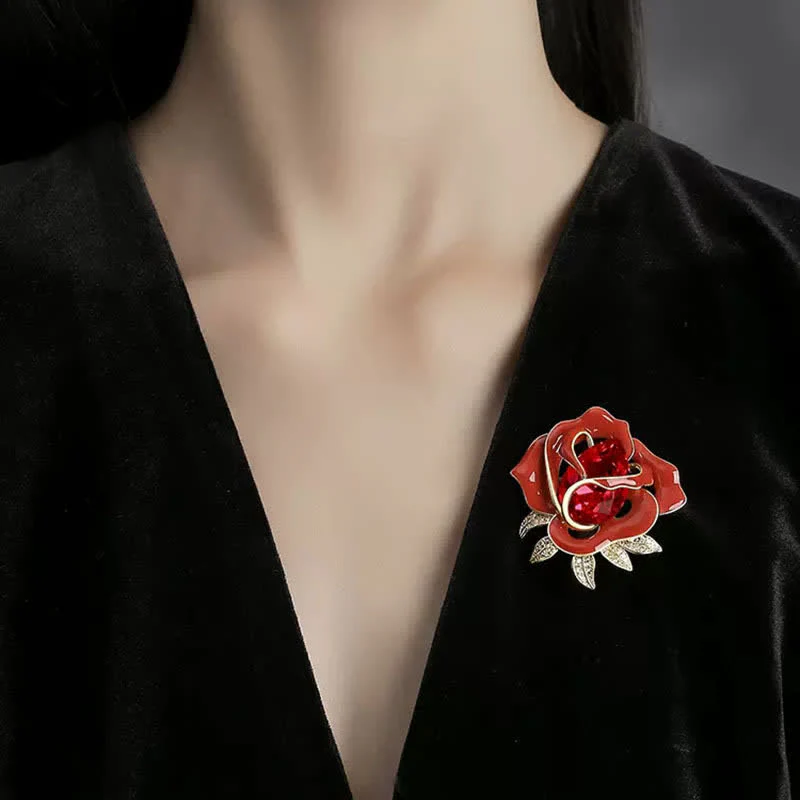 Women's Elegant Red Rose Crystal Bud Brooch - Image 2