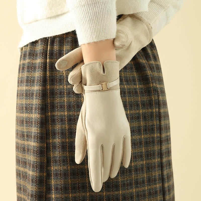 Women's Elegant Winter Suede Metal Buckle PU Leather Gloves