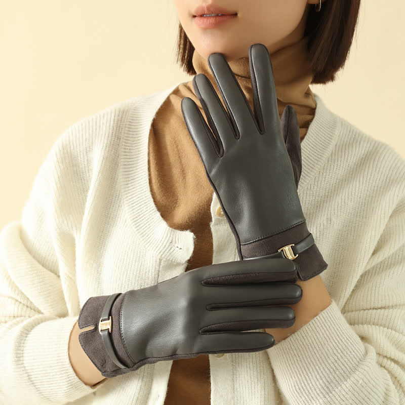 Women's Elegant Winter Suede Metal Buckle PU Leather Gloves - Image 11