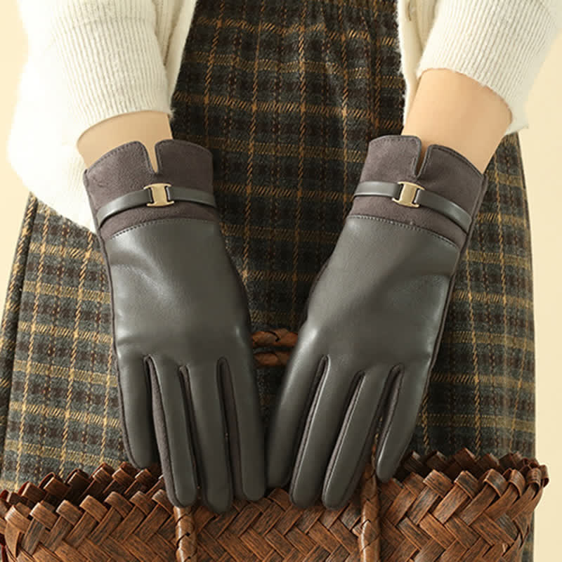 Women's Elegant Winter Suede Metal Buckle PU Leather Gloves - Image 12