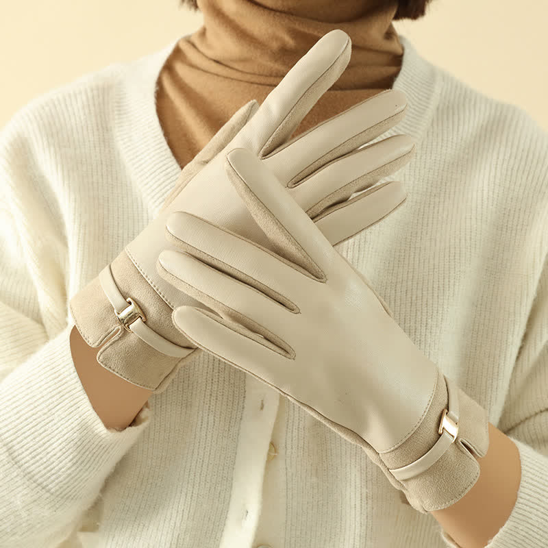 Women's Elegant Winter Suede Metal Buckle PU Leather Gloves - Image 2
