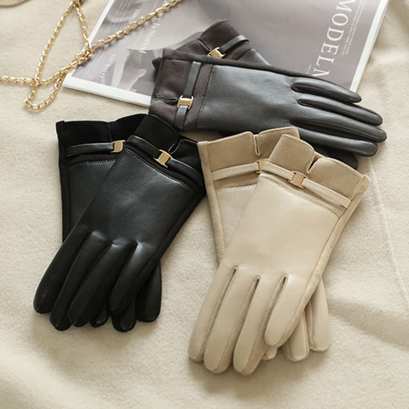 Women's Elegant Winter Suede Metal Buckle PU Leather Gloves - Image 3