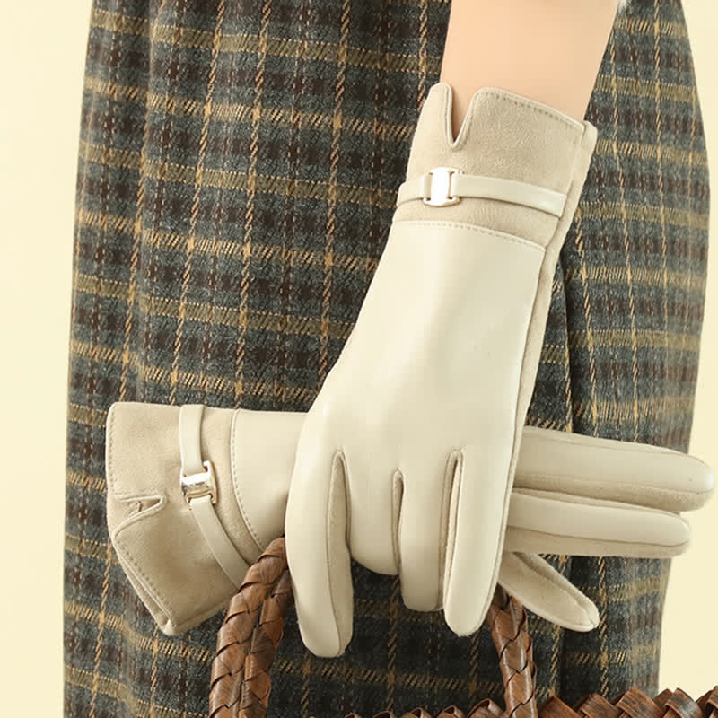 Women's Elegant Winter Suede Metal Buckle PU Leather Gloves - Image 5