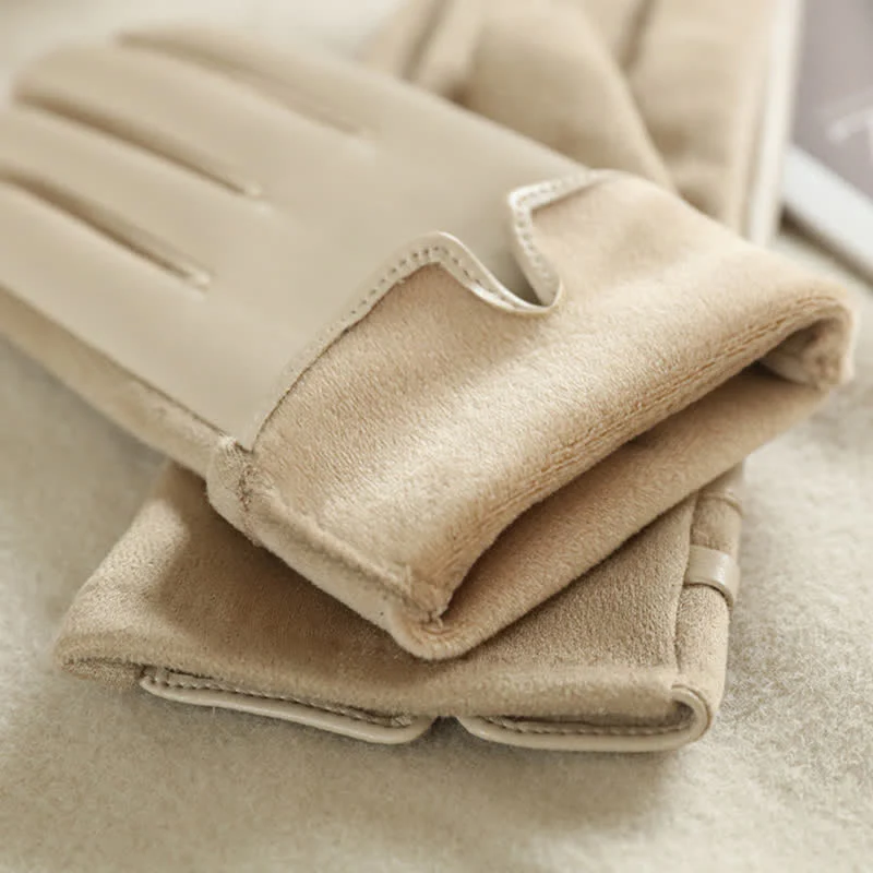 Women's Elegant Winter Suede Metal Buckle PU Leather Gloves - Image 7