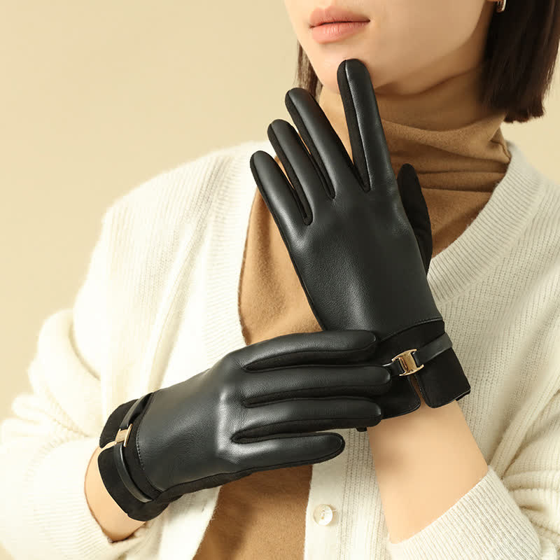 Women's Elegant Winter Suede Metal Buckle PU Leather Gloves - Image 9
