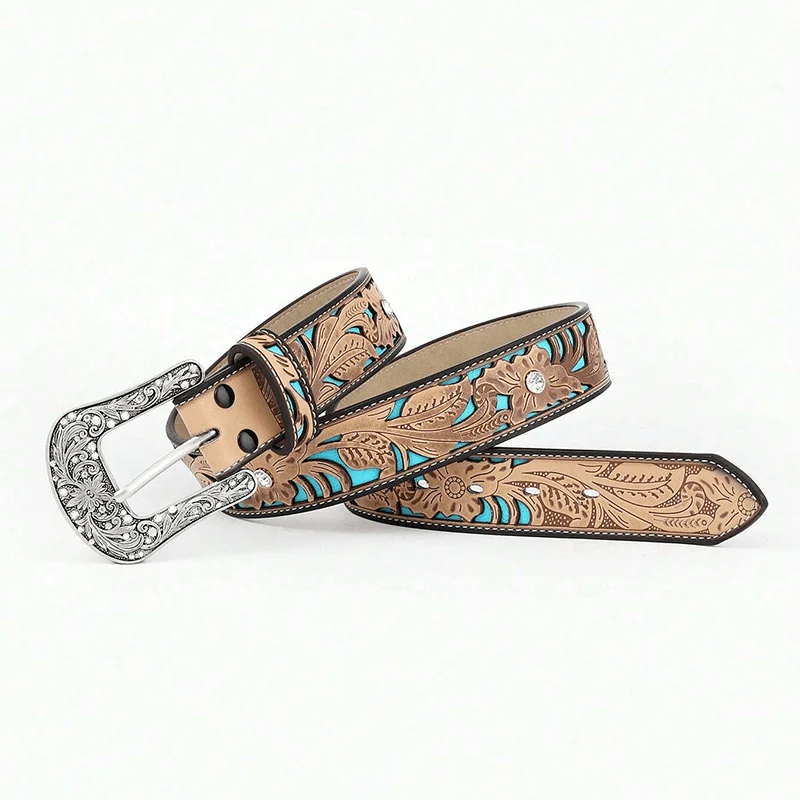 Women's Embossed Flower Rhinestone Camel Leather Belt - Image 2