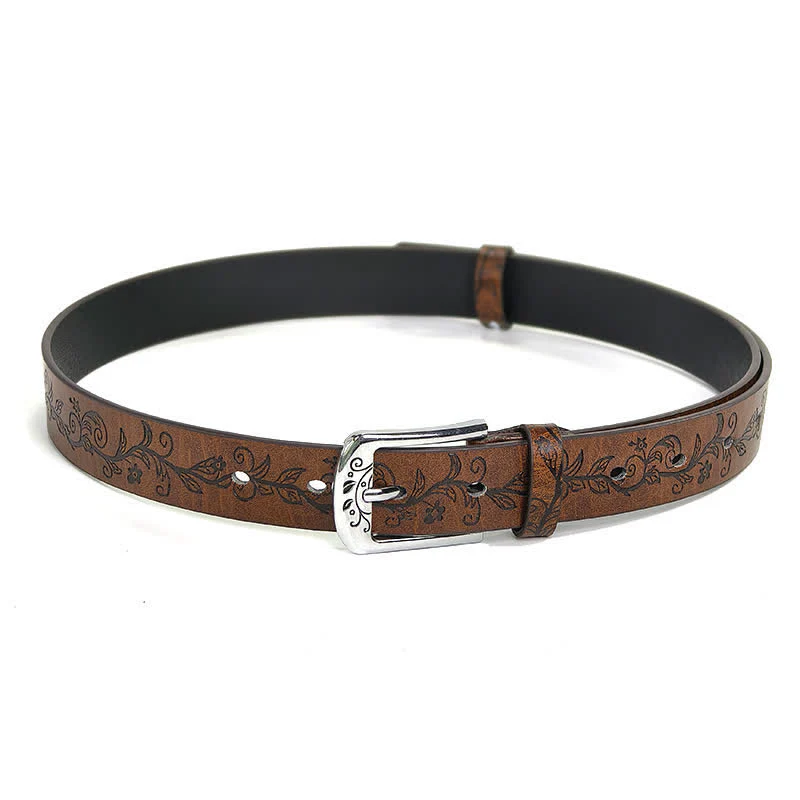 Women's Embossed Leaves Flowers Pattern Leather Belt - Image 6