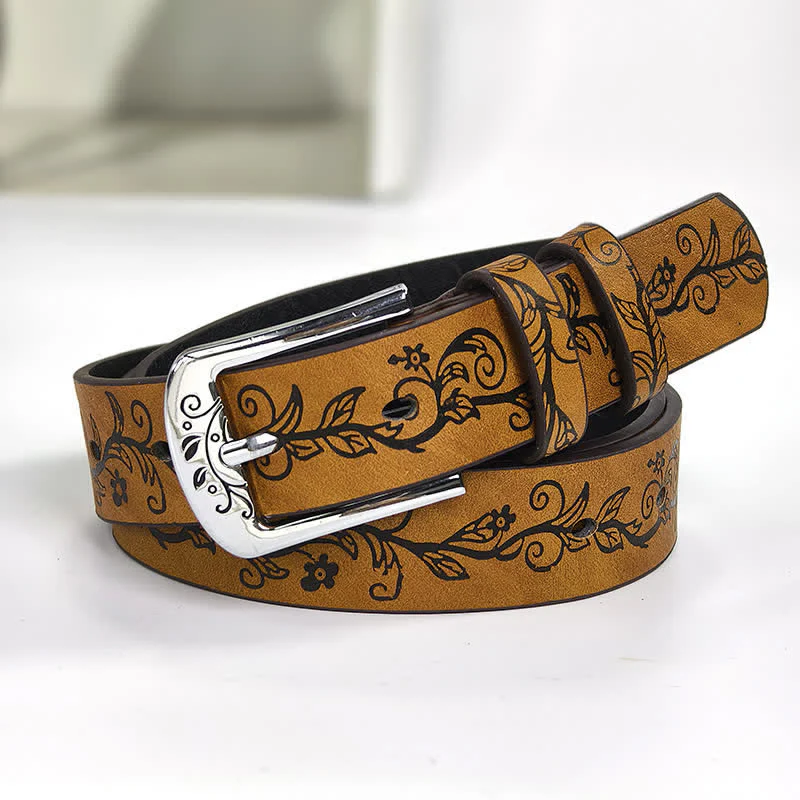 Women's Embossed Leaves Flowers Pattern Leather Belt - Image 7