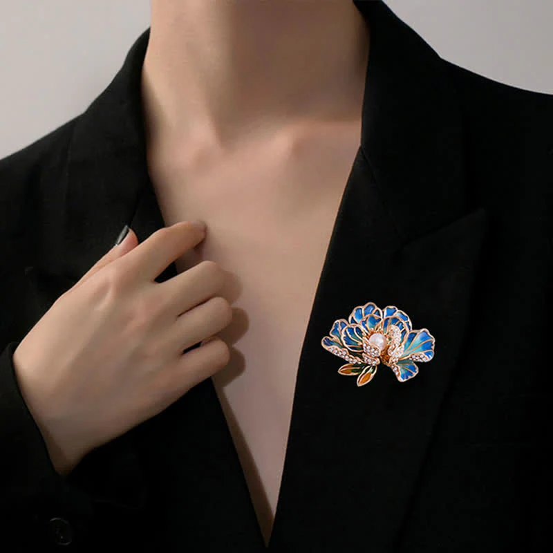 Women's Enamel Peony Flowers Pearl Inlaid Brooch - Image 2