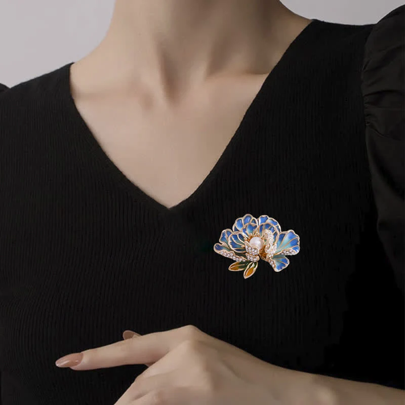 Women's Enamel Peony Flowers Pearl Inlaid Brooch - Image 3