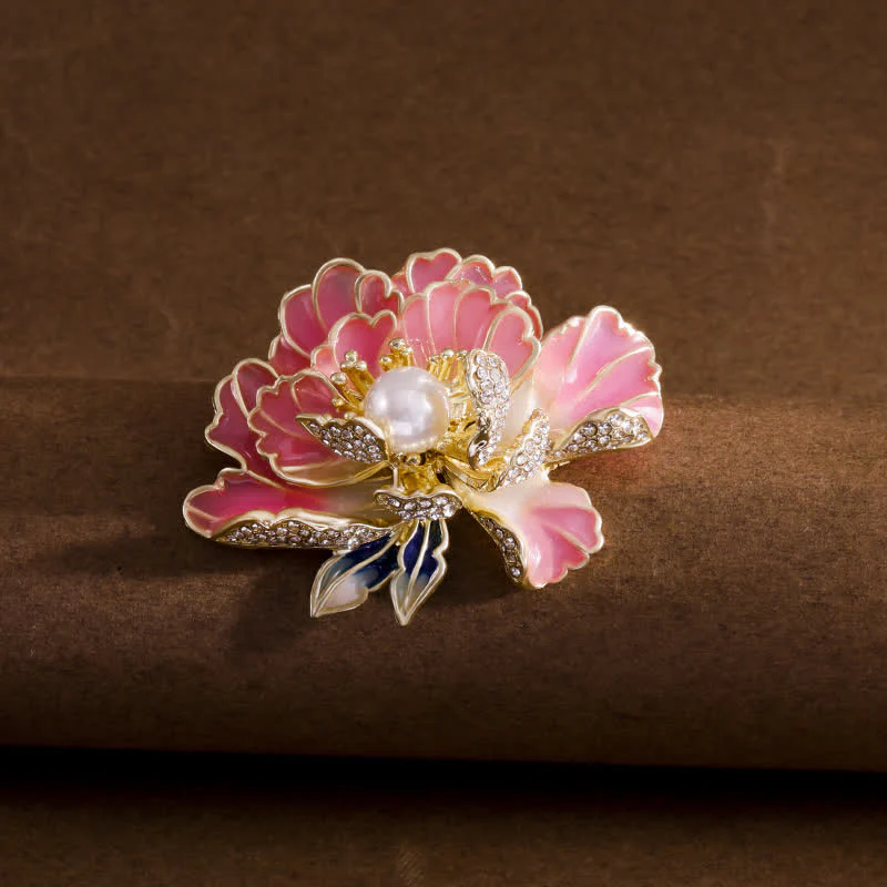Women's Enamel Peony Flowers Pearl Inlaid Brooch - Image 8