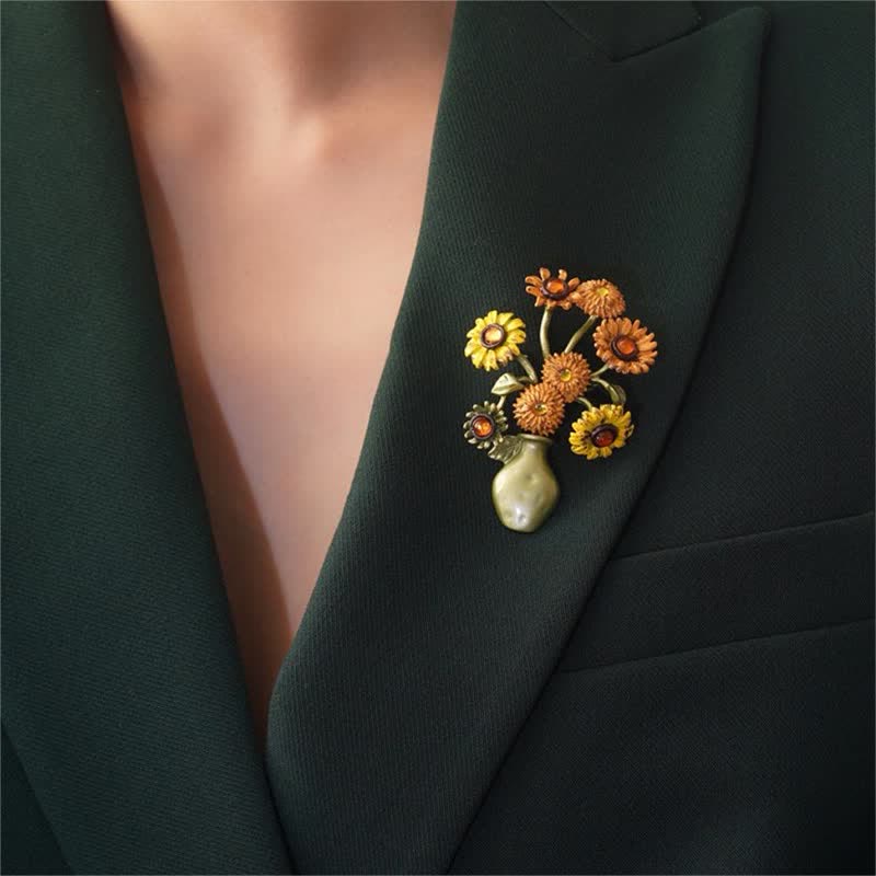 Women's Enamel Sunflower Vase Brooch - Image 2