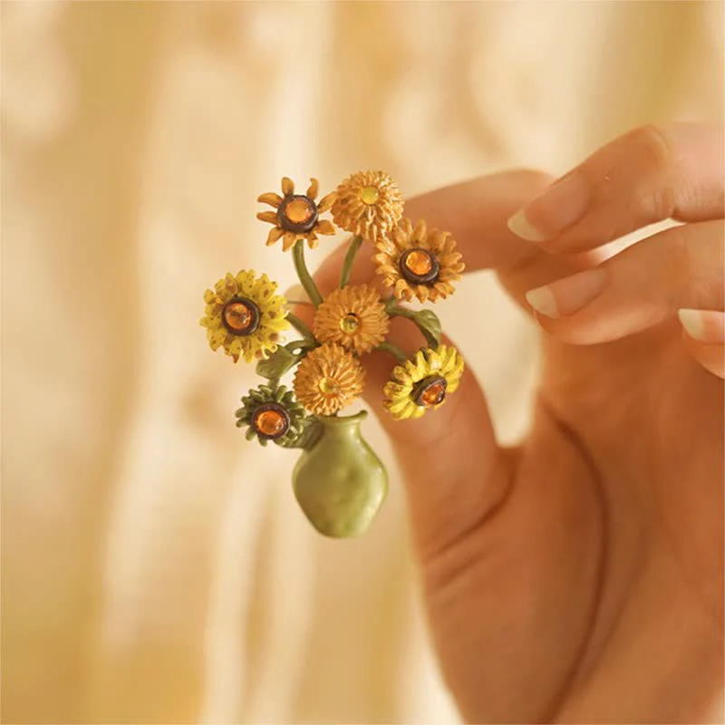 Women's Enamel Sunflower Vase Brooch - Image 3