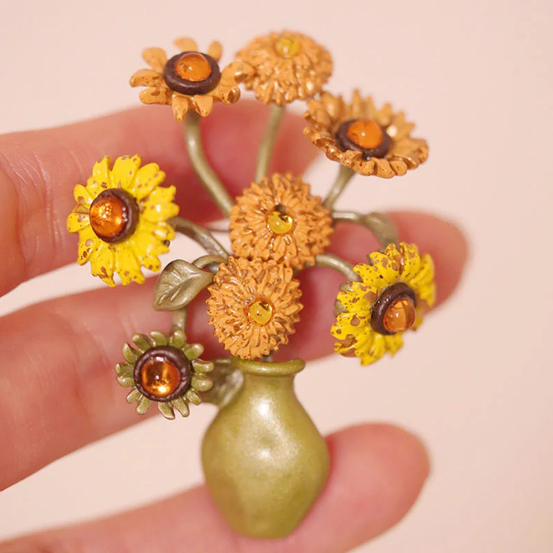 Women's Enamel Sunflower Vase Brooch - Image 4