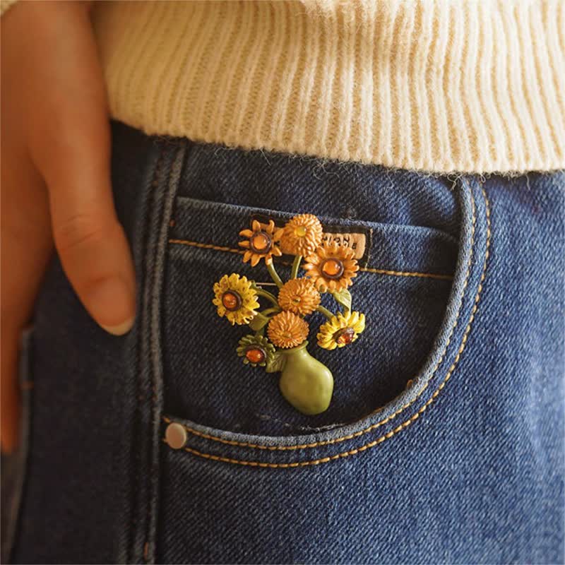 Women's Enamel Sunflower Vase Brooch - Image 6