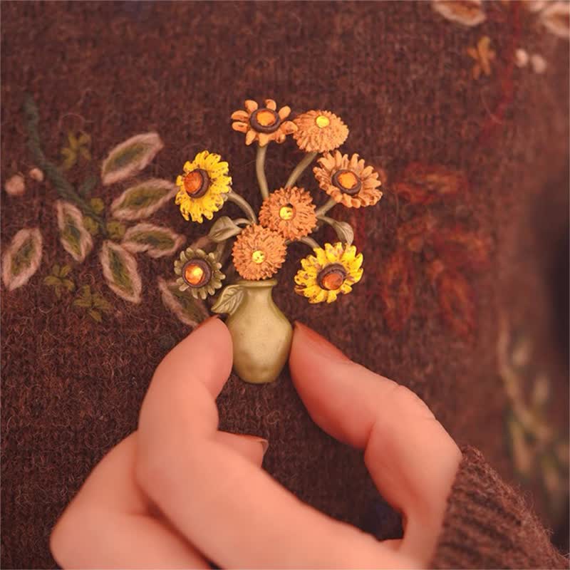 Women's Enamel Sunflower Vase Brooch - Image 7