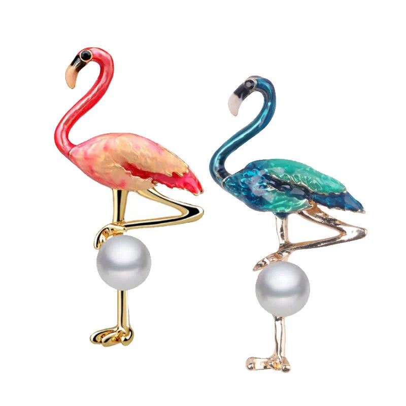 Women's Enameled Flamingo With Pearl Brooch - Image 5