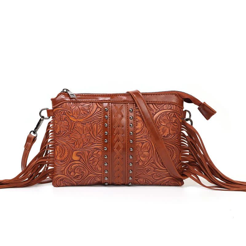 Women's Engraved Boho Flower Pattern Fringe Crossbody Bag - Image 11