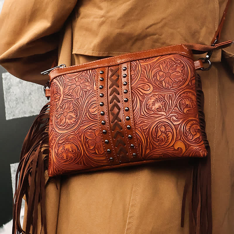 Women's Engraved Boho Flower Pattern Fringe Crossbody Bag - Image 3