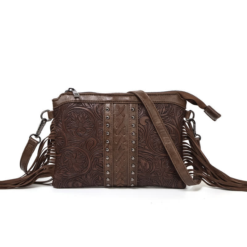 Women's Engraved Boho Flower Pattern Fringe Crossbody Bag - Image 8