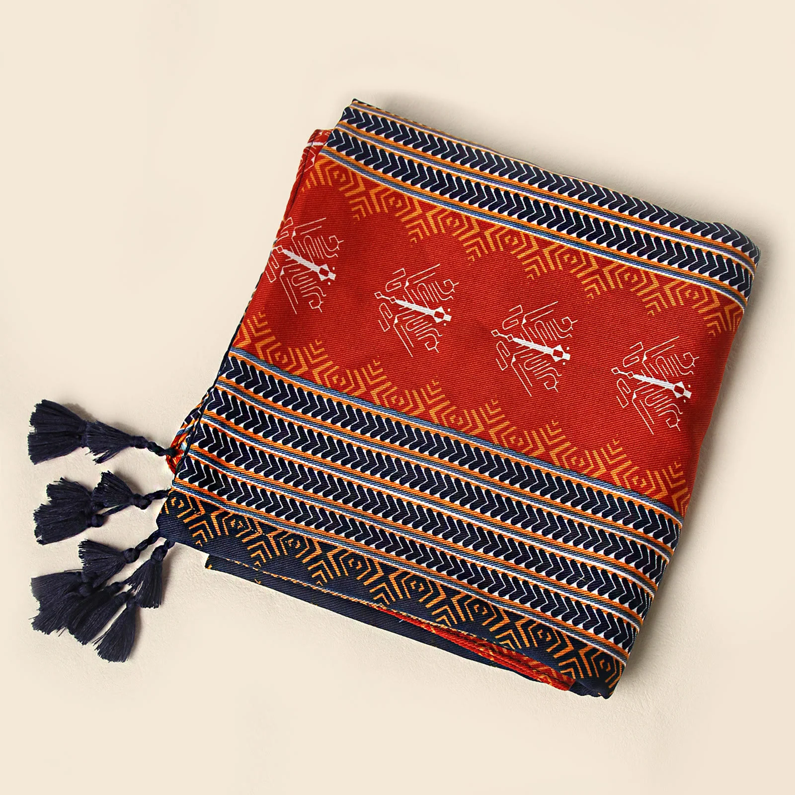 Women's Ethnic Patterned Dual-Tone Tassel-Adorned Scarf - Image 3