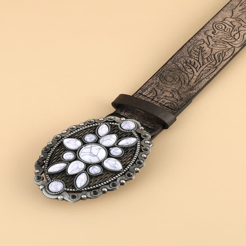 Women's Ethnic White Gem Embossed Leather Belt - Image 3