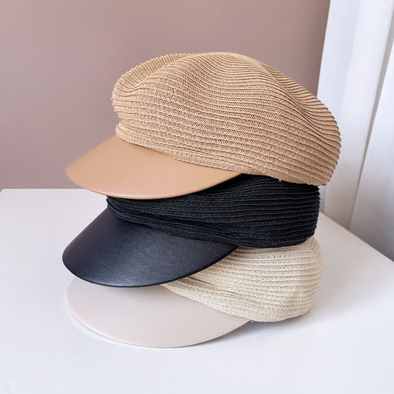 Women's Faux Leather Brim Panel Straw Beret Hat - Image 2