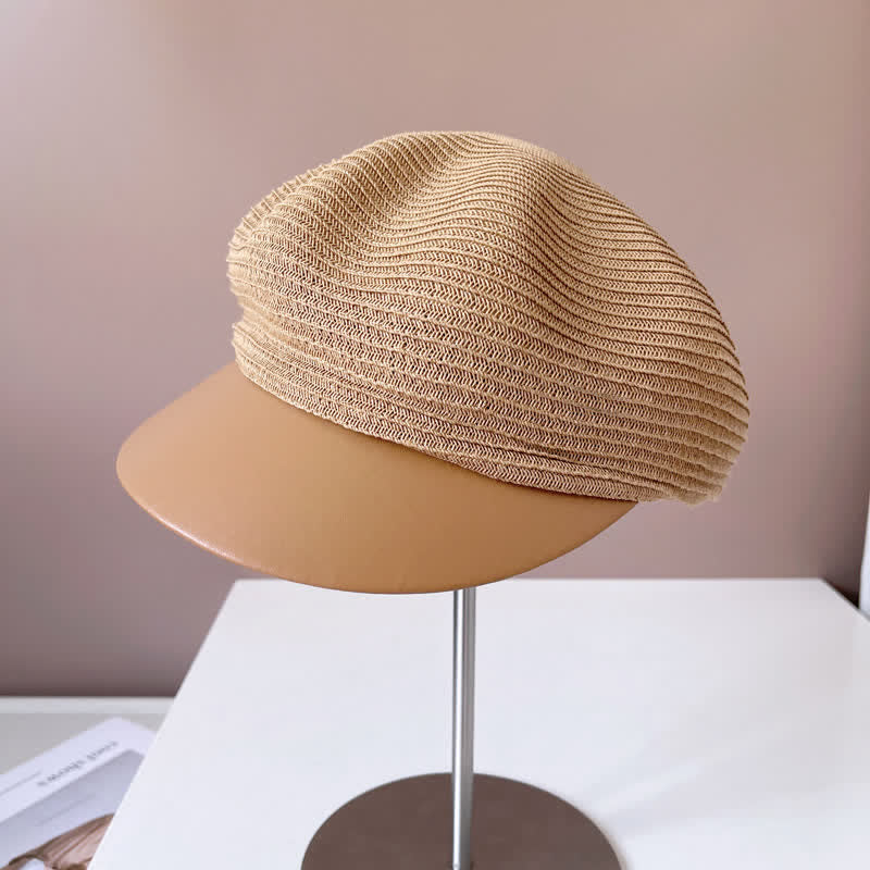 Women's Faux Leather Brim Panel Straw Beret Hat - Image 3