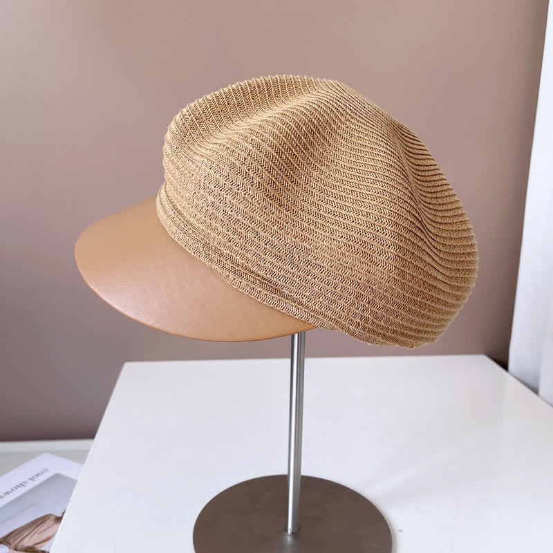 Women's Faux Leather Brim Panel Straw Beret Hat - Image 4