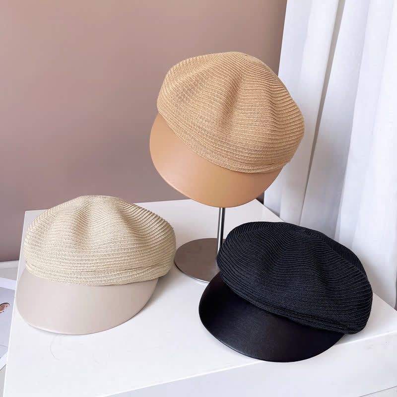 Women's Faux Leather Brim Panel Straw Beret Hat - Image 5