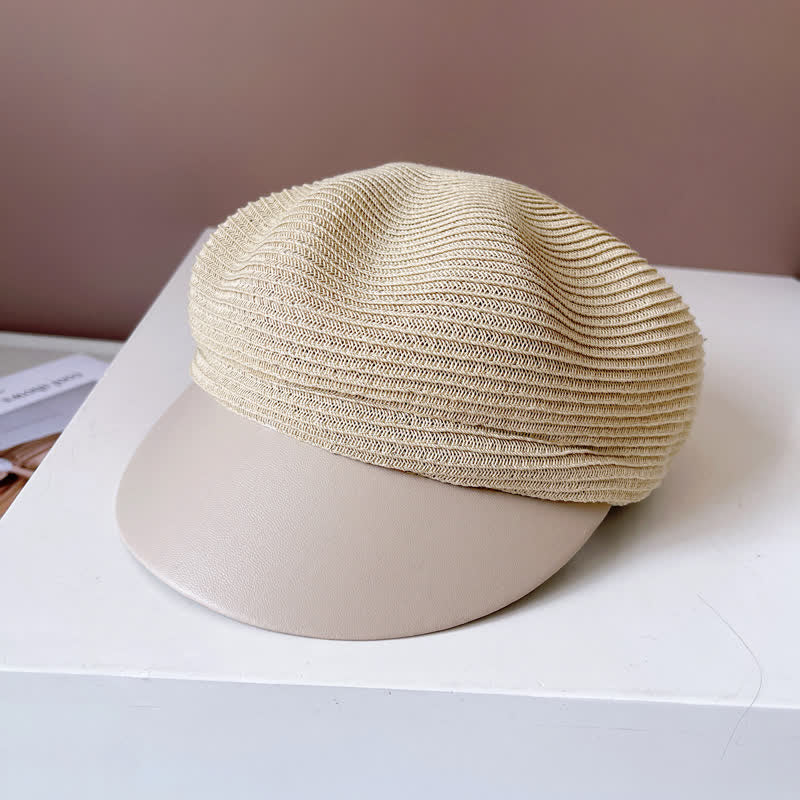 Women's Faux Leather Brim Panel Straw Beret Hat - Image 7