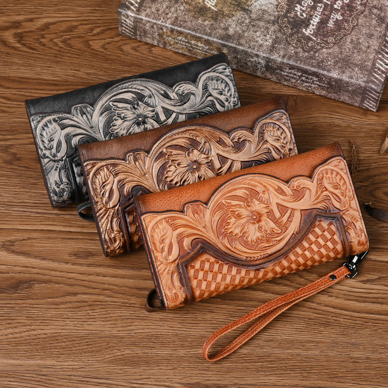 Women's Floral Long Three Folds Leather Wallet With Wrist Strap - Image 2