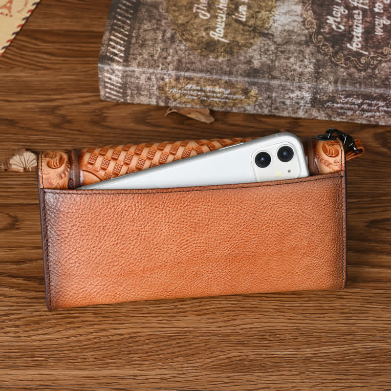 Women's Floral Long Three Folds Leather Wallet With Wrist Strap - Image 6