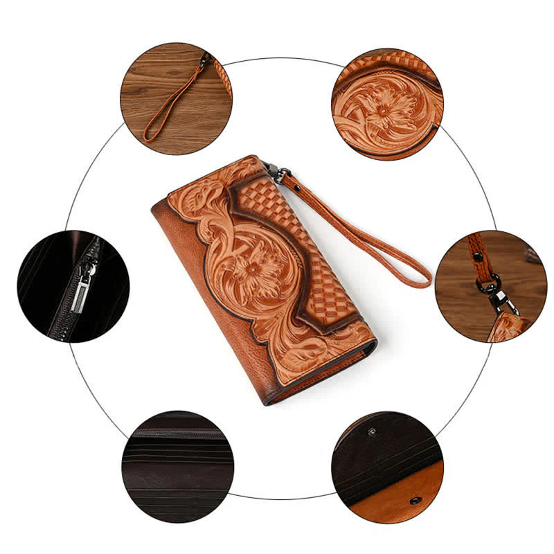 Women's Floral Long Three Folds Leather Wallet With Wrist Strap - Image 7