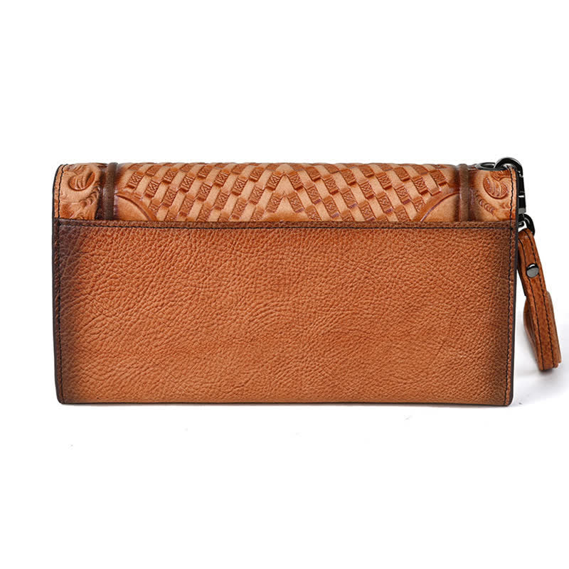 Women's Floral Long Three Folds Leather Wallet With Wrist Strap - Image 8